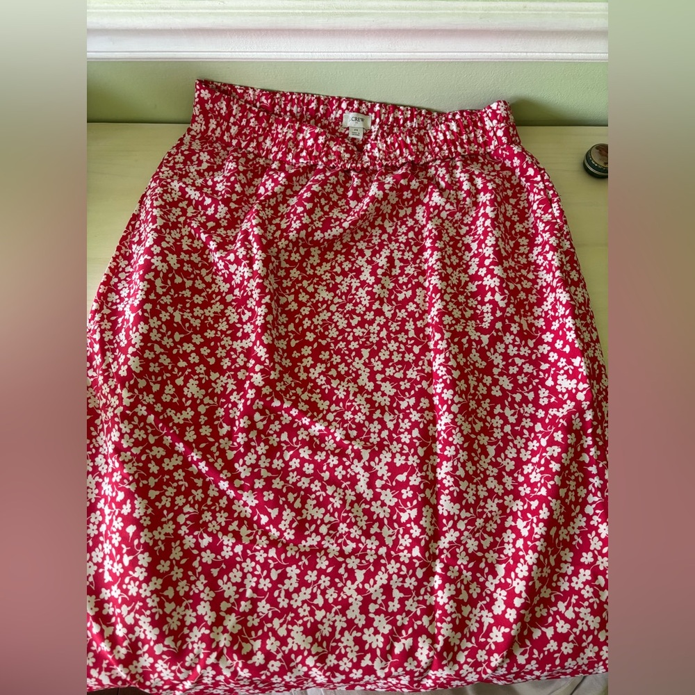 J. Crew Red and White Smocked A-line Midi Skirt